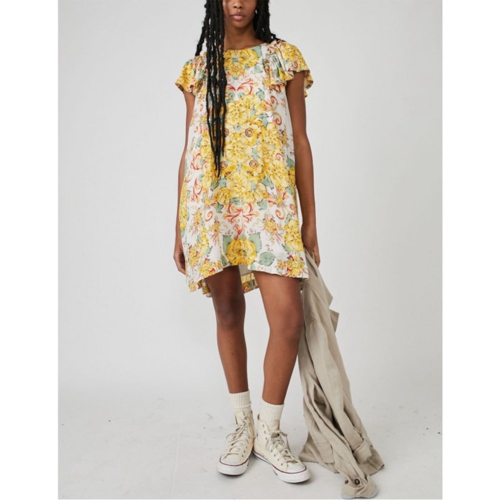 Free People Yara Printed Mini Dress tan yellow floral-XL